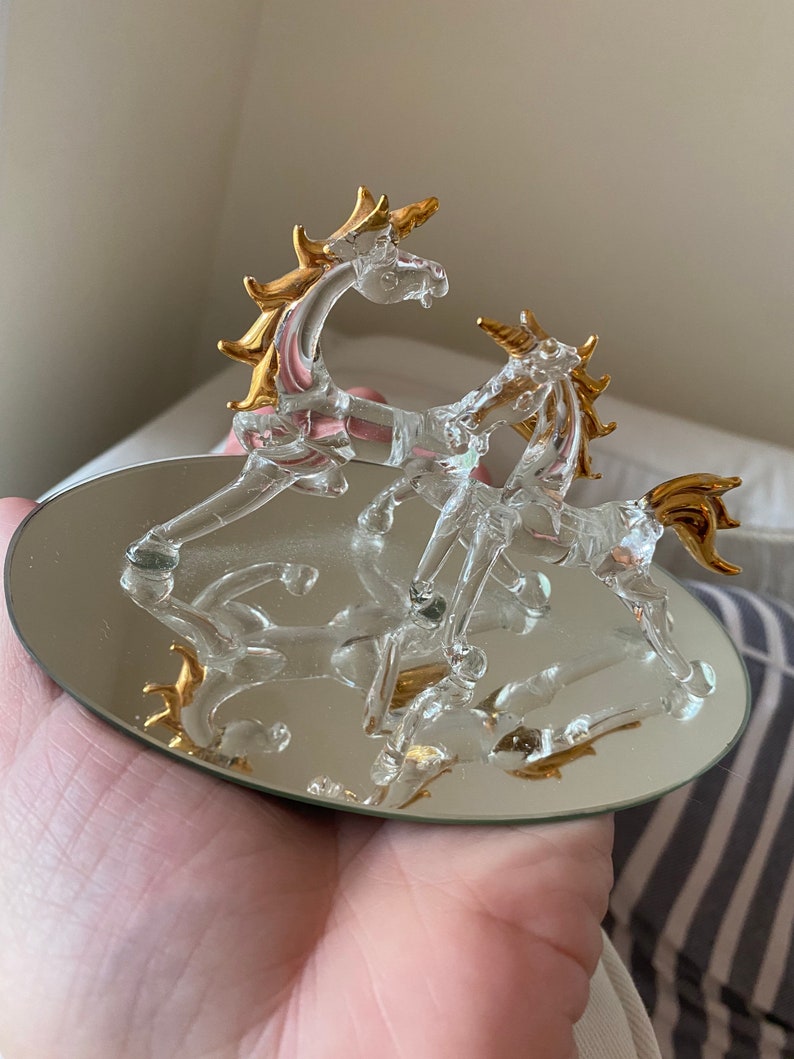 Crystal Unicorn Figurine Hand Blown Glass Sculpture W/ Gold Trim on Mirror Base. Etsy
