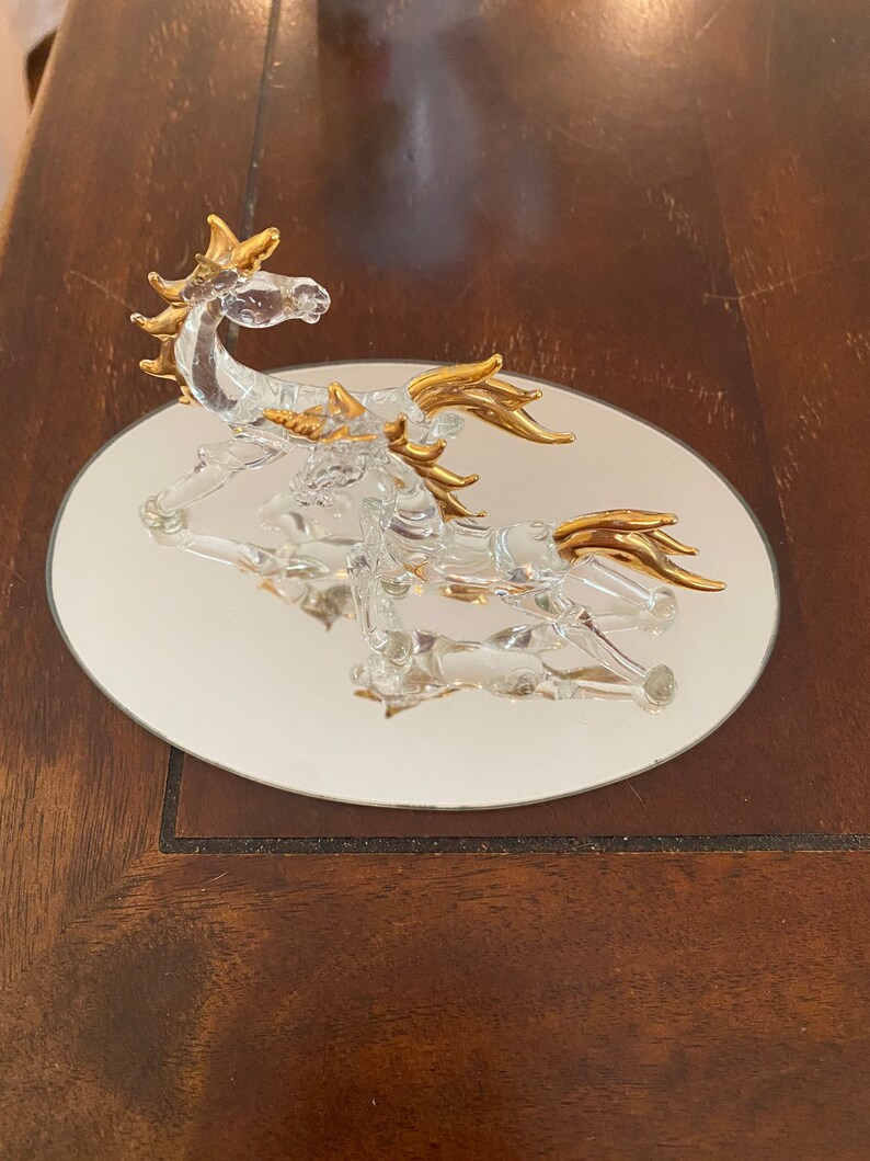 Crystal Unicorn Figurine Hand Blown Glass Sculpture W/ Gold Trim on Mirror Base. Etsy