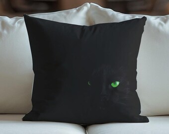 Black Cat Pillow Cover, Decorative Pillows, Throw Pillows, Cat Eyes Decor, Black Cat Decor, Cat Gifts, Gifts for Home, Black Couch Pillows