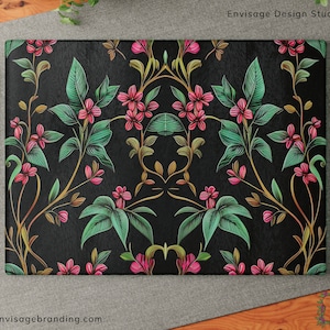 Green Pink Floral Glass Cutting Board, Chopping Board, Charcuterie Board, Floral Kitchen and Cooking Gifts, Kitchen Tools, Floral Home Decor