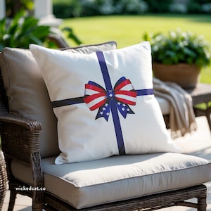 Patriotic Indoor Outdoor Throw Pillow, Stars & Stripes Accent Pillow, July 4th Decor Pillow, American Flag Bow Pillow, Chic Patriotic Pillow