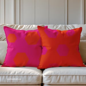 Buntes rosa oranges Innenaußenwerfen-Kissen, rosafarbenes Akzentkissen, lebendiges geometrisches Terrassekissen, umkehrbares wasserfestes Kissen