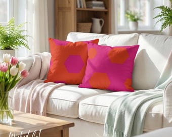 Kleurrijk rozeoranje sierkussen voor binnen en buiten, roze accentkussen, levendig geometrisch terraskussen, omkeerbare waterbestendige kussens