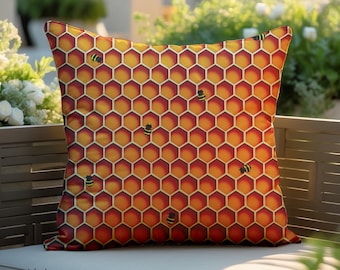 Honeycomb Bees Indoor Outdoor Accent Pillow, Patio Throw Pillow, Spring Decor Couch Throw, Bee Lovers Theme Decor, Housewarming Gift Ideas