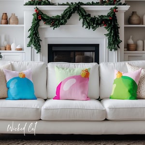 Whimsical Tree Ornament Holiday Throw Pillow, Big Ornaments Pillow, Indoor Outdoor Holiday Pillow, Holiday Couch Pillow, Kids Holiday Decor
