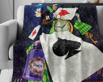 Alice in Wonderland Themed Velvet Blanket, Blankets for Gifts, Blankets and Throws, Housewarming Gifts, Gifts for Her, Blankets for Kids