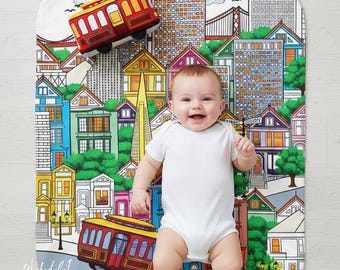 San Francisco Whimsical Sherpa Baby Blanket, Cute Newborn Blanket, Luxury Baby Blanket, Toddler Blanket, Soft Baby Blanket, Gifts for Baby