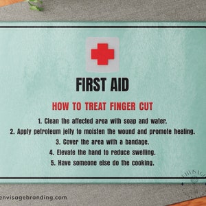 May include: A green and white sign with a red cross and the text "First Aid" and "How to Treat Finger Cut". The sign lists five steps for treating a finger cut, including cleaning the area, applying petroleum jelly, covering the area with a bandage, elevating the hand, and having someone else do the cooking.