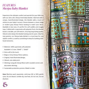 May include: A soft, plush baby blanket featuring a city skyline design. The blanket is available in two sizes: 30x40 inches and 50x60 inches. The blanket is made from 100% polyester and is machine washable.