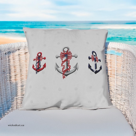 July 4th Nautical Anchors Outdoor Indoor Accent Pillow, Coastal