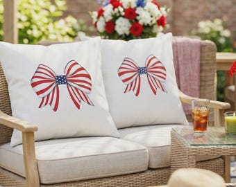 Patriotic Indoor Outdoor Throw Pillow, Stars & Stripes Accent Pillow, July 4th Decor Pillow, American Flag Bow Pillow, Chic Patriotic Pillow