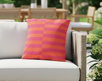 Pink Orange Striped Throw Pillow, Modern Throw Pillow, Outdoor Patio Pillow, Bold Patterned Pillow, Spring Summer Decor, Striped Home Decor