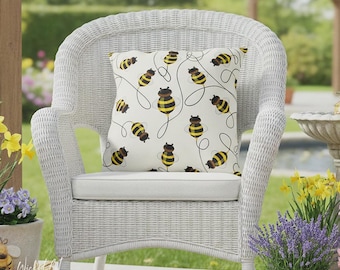 Spring Buzzing Bees Outdoor Throw Pillow, Cute Bee Couch Pillow, Honey Bees Decor, Spring Summer Patio Couch Pillow, Honey Bee Patio Pillow