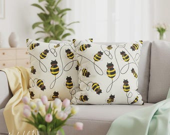 Cute Honey Bees Spring Throw Pillow Cover, Faux Suede Soft Pillows, Summer Throw Pillow, Honey Bee Decor, Bee Couch Pillow, Spring Decor