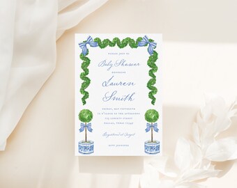 Grandmillennial Blue Chinoiserie Watercolor Baby Shower Invitation, Preppy Southern, Elegant Greenery Printable Download