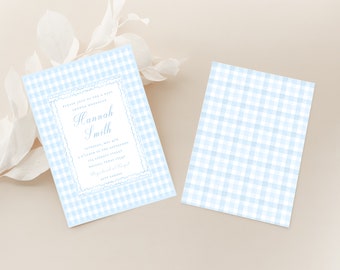 Blue Gingham Plaid Baby Boy Shower Invitation, Buffalo Check Classic Elegant Preppy Printable Template