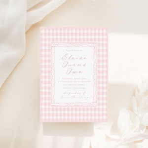 Pink Gingham Kids Birthday Party Invitation Template, Whimsical Princess Girls Fairytale, Southern Preppy Invite Download