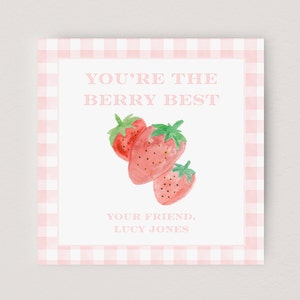 Berry Best Valentine's Day Card, Pink Gingham Berry Valentine Tag, Watercolor Preppy Girl's Valentine Classroom Printable Download