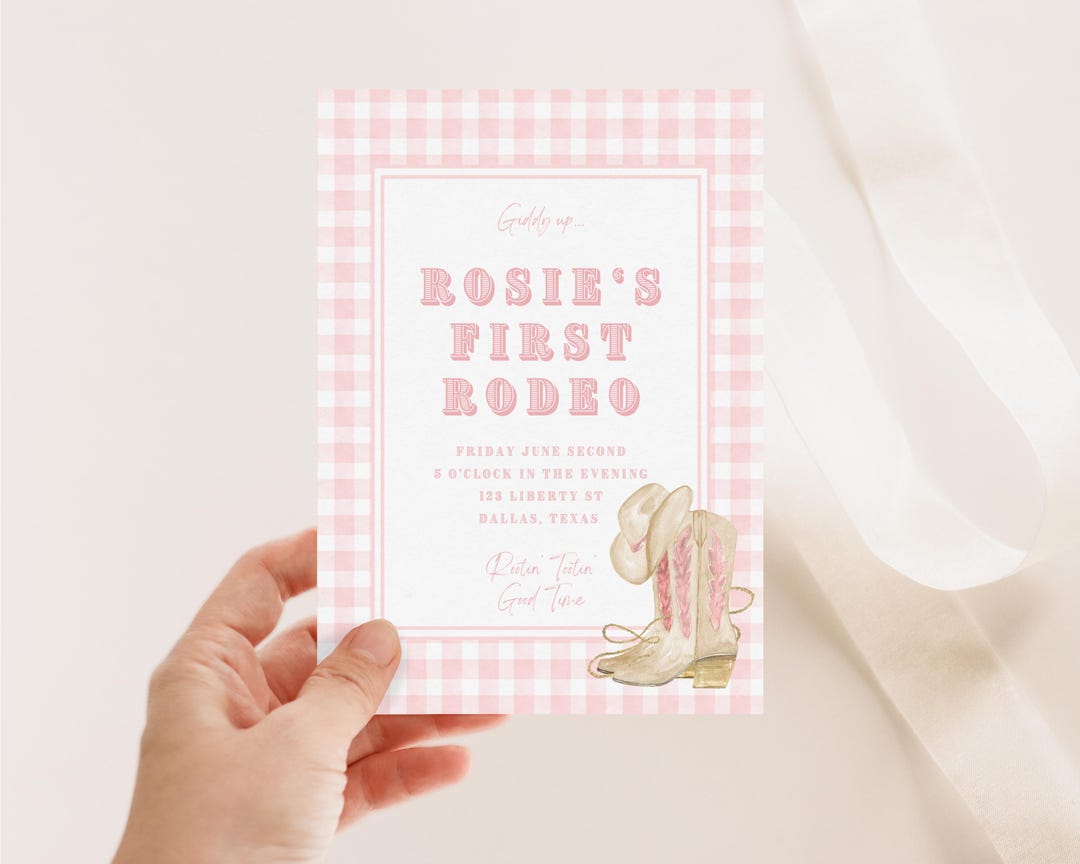My First Rodeo Birthday Invitation, Preppy Pink Gingham Cowgirl Party ...