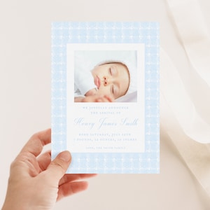Anuncio de nacimiento imprimible en acuarela, Baby Boy Grandmillennial New Baby Card, Descarga del anuncio de nacimiento del recién nacido azul bebé