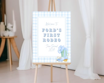 My First Rodeo Welcome Sign, Blue Gingham Preppy 1st Birthday Sign, Cowboy Western Watercolor Sign Printable Instant Download