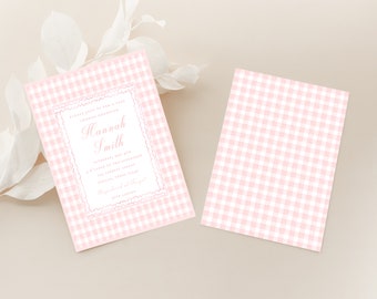 Pink Gingham Plaid Baby Girl Shower Invitation, Buffalo Check Classic Elegant Preppy Printable Template