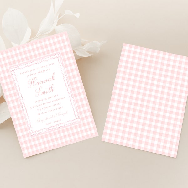 Pink Gingham Plaid Baby Girl Shower Invitation, Buffalo Check Classic Elegant Preppy Printable Template