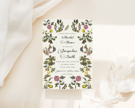 Whimsical Cottagecore Garden Bridal Shower Invitation Template, Wildflower Butterfly Printable Download