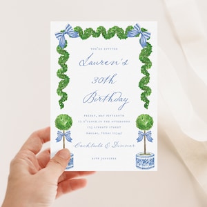 Blue Chinoiserie Watercolor Birthday Party Invitation, Preppy Southern Grandmillennial, Elegant Greenery Printable Download