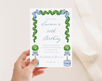 Invito alla festa di compleanno dell'acquerello blu cineserie, Grandmillennial del sud preppy, download stampabile di verde elegante