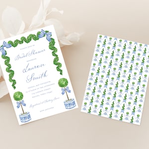 Blue Chinoiserie Watercolor Bridal Shower Invitation, Grandmillennial Preppy Southern, Elegant Greenery Printable Download