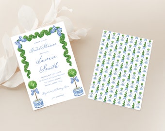 Invito per la doccia nuziale acquerello cineserie blu, download stampabile del Grandmillennial Preppy Southern, elegante verde