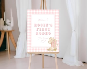 My First Rodeo Welcome Sign, Pink Gingham Preppy 1st Birthday Sign, Cowgirl Western Watercolor Sign Printable Instant Download