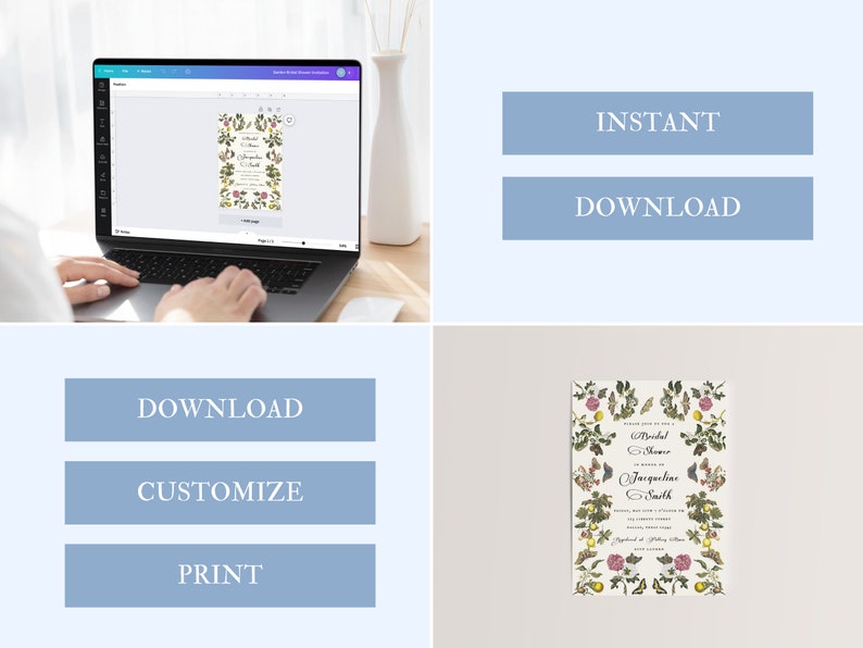 Pu&ograve; includere: Un invito stampabile per un addio al nubilato con un design floreale con farfalle, limoni e fiori rosa. Il testo recita "Bridal Shower in onore di Jacqueline Smith".