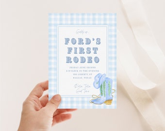 My First Rodeo Birthday Invitation, Preppy Blue Gingham Cowboy Party, Watercolor Western Instant Download Template