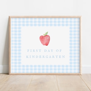 First Day of School Watercolor Blue Gingham Sign Preppy Back to School Supplies Printable Poster Child Milestone Sign