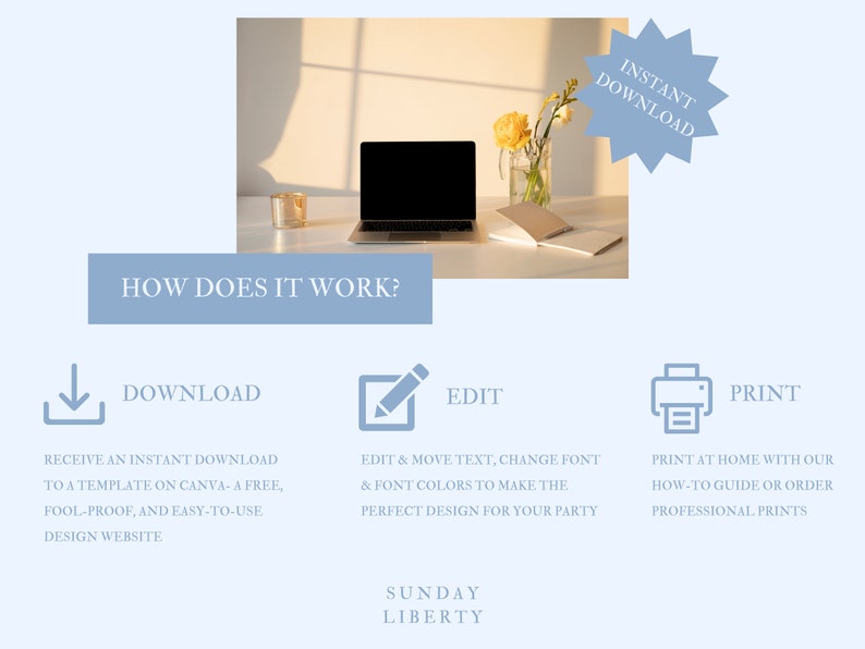 Pu&ograve; includere: Una grafica blu e bianca con il testo "Come funziona?" e tre icone che rappresentano i passaggi per scaricare, modificare e stampare un design digitale. Il testo "Download immediato" &egrave; in una forma di stella blu. Il testo "Sunday Liberty" &egrave; nella parte inferiore della grafica.