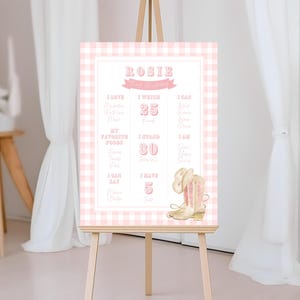 Póster de mi primer rodeo, cartel de primer cumpleaños de vaquera, plantilla de póster de niña vaquera con cuadros rosas para descargar