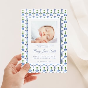 Watercolor Chinoiserie Printable Birth Announcement, Grandmillennial New Baby Card, Blue Green Newborn Birth Announcement Download