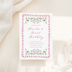 Flower Garden Watercolor Cottagecore First Birthday Printable Invitation Secret Garden Floral Meadow Kids Birthday Victorian Style Template