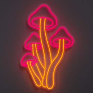 A Pink and orange led neon sign depicting mushrooms.