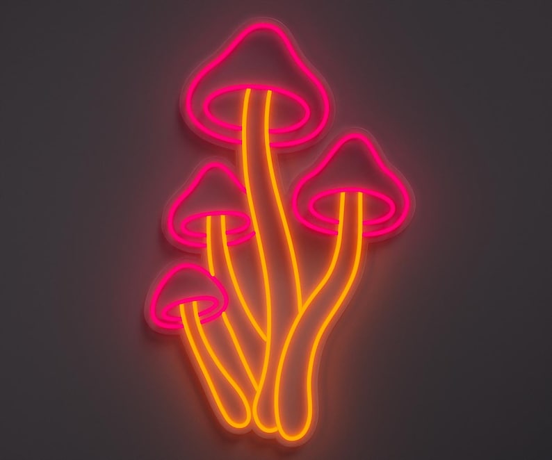 A Pink and orange led neon sign depicting mushrooms.