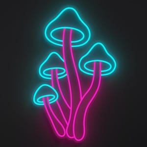 Magical mushroom neon sign in light blue and hot pink.