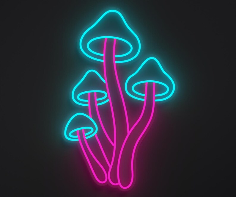 Magical mushroom neon sign in light blue and hot pink.