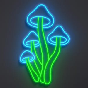 Magical mushrooms neon sign in light blue and green.
