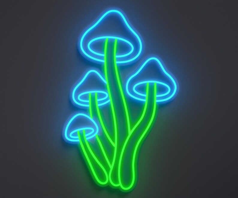 Magical mushrooms neon sign in light blue and green.