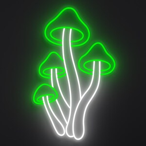 Magical mushrooms neon sign in green and white.