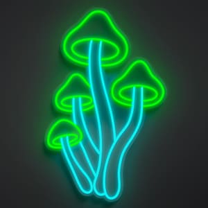Magical mushroom neon sign in green and light blue.