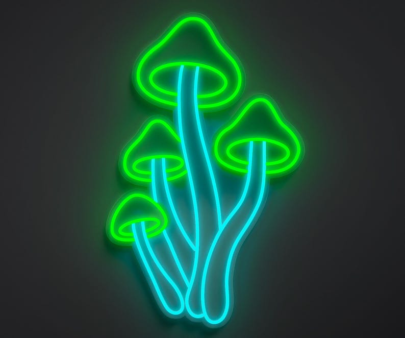 Magical mushroom neon sign in green and light blue.