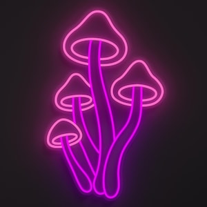 Magical mushrooms neon sign in light pink and hot pink.
